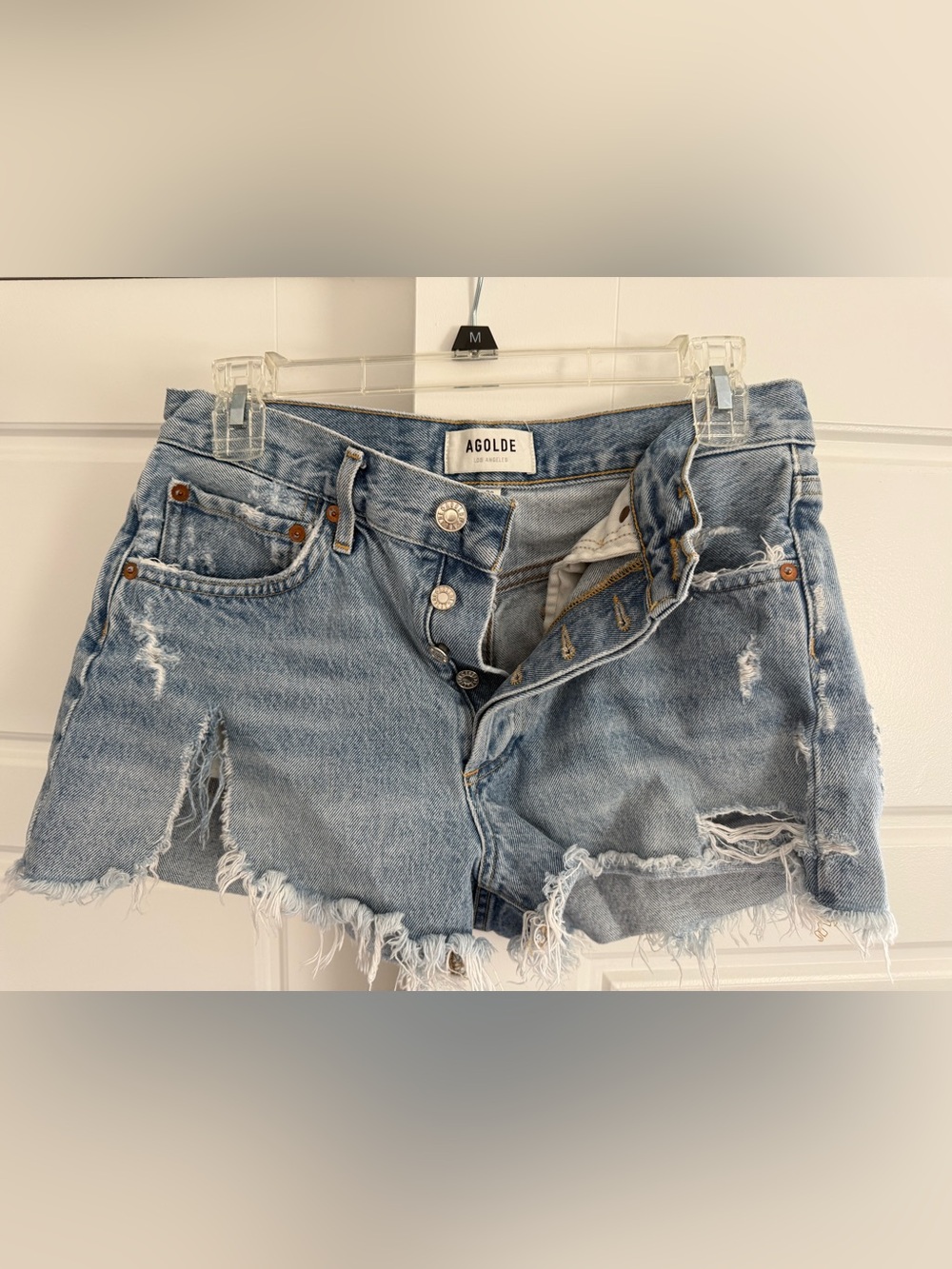 Agolde Light Blue Distressed Denim Cutoff Shorts